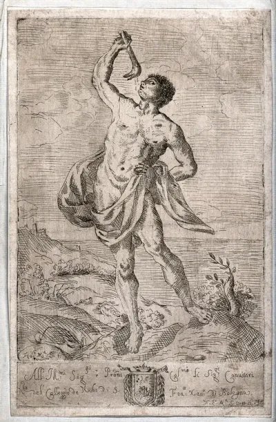 Samson drinking water from the ass's jawbone with which he slayed the Philistines