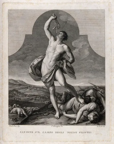 Samson, victorious over the combined powers of the Philistines, holds the jaw of the ass up high