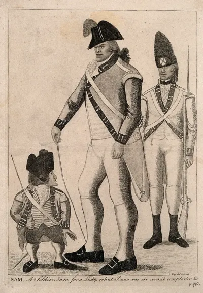 Samuel Mcdonald, a giant and George Cranstoun, a dwarf, with a third normal sized man