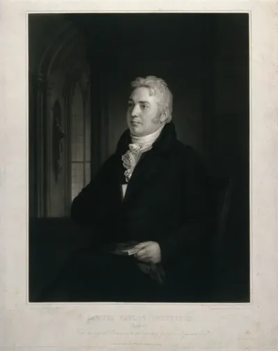 Samuel Taylor Coleridge aged 42, seated on a chair, a book in his left hand; gothic window in the background