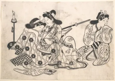 Samurai and Courtesan Seated; A Servant Beside Them