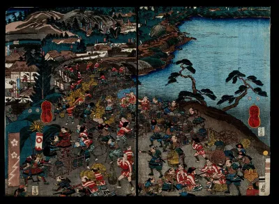 Samurai directing foot soldiers as they build up shore defences
