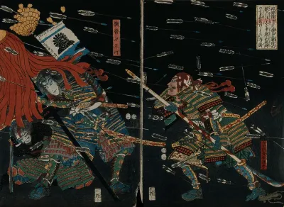 Samurai in a hail of arrows, sheltering beneath a battle standard, in a desperate last stand