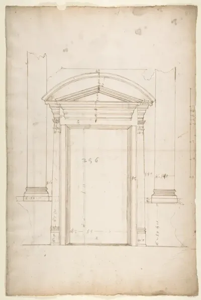 San Lorenzo, Library, entry portal to library, elevation (recto) San Lorenzo, Library, entry portal to library, section; entry portal to library, side elevation (verso)
