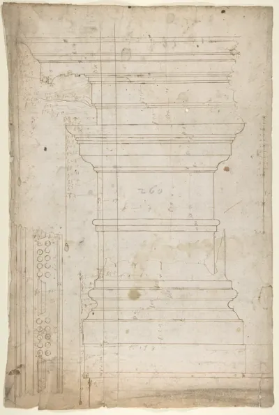 San Lorenzo, Library, pilaster, elevation; soffit, detail, plan (recto); San Lorenzo, Library, entablature, section (verso)