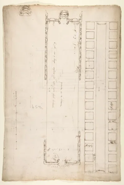 San Lorenzo, Library, plan; reflected ceiling plan; stair, detail (recto); San Lorenzo, Ricetto, plan (verso)