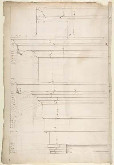 San Lorenzo, Library, Ricetto, entablature, elevation profile (recto) San Lorenzo, Library, Ricetto, column, elevation (verso)
