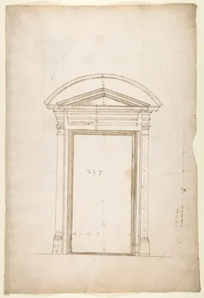 San Lorenzo, Library, Ricetto, entry portal from library, elevation (recto) San Lorenzo, Library, Ricetto, entry portal from library, plan and section (verso)