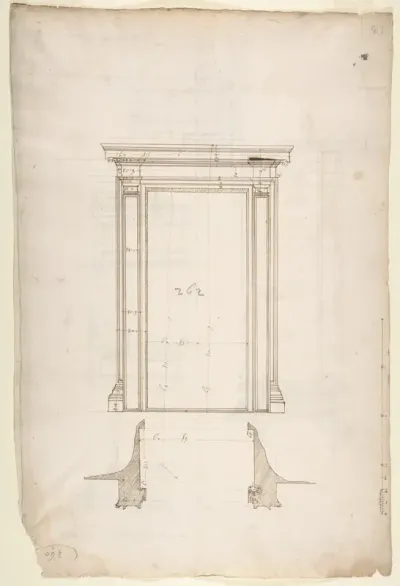 San Lorenzo, Library, Ricetto, portal from cloister, elevation; plan (recto) San Lorenzo, Library, Ricetto, portal from cloister, section; details (verso)