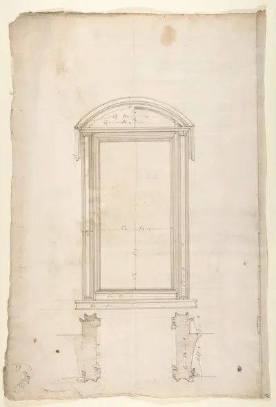 San Lorenzo, Library, Ricetto, portal to Ricetto, elevation; plan (recto) San Lorenzo, Library, Ricetto, portal from cloister, details (verso)