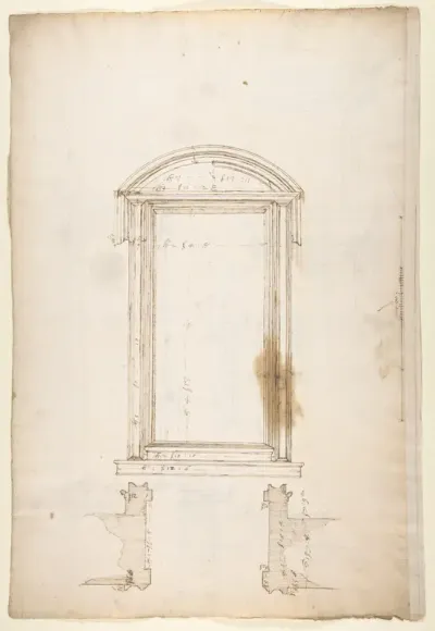 San Lorenzo, Library, Ricetto, portal to Ricetto, elevation; plan (recto) San Lorenzo, Library, Ricetto, portal to Ricetto, section; details (verso)