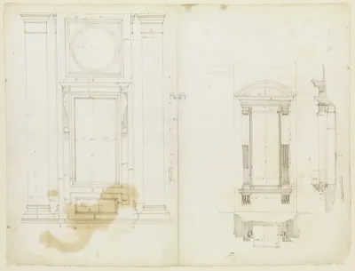 San Lorenzo, Library, Ricetto, upper window, elevation; niche,elevation, plan, and section (recto) San Lorenzo, Library, Ricetto, niche, details; upper window, details, elevation (verso)
