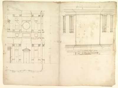 San Lorenzo, model, right half façade (left hand of folio); San Lorenzo, Library, Ricetto, consoles, elevation (right hand) (recto) blank (verso)