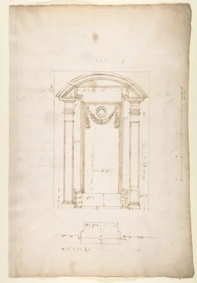 San Lorenzo, New Sacristy, niche frame, tabernacle, plan and elevation (recto); San Lorenzo, New Sacristy, entablature, cornice, and base of niche, profiles (verso)