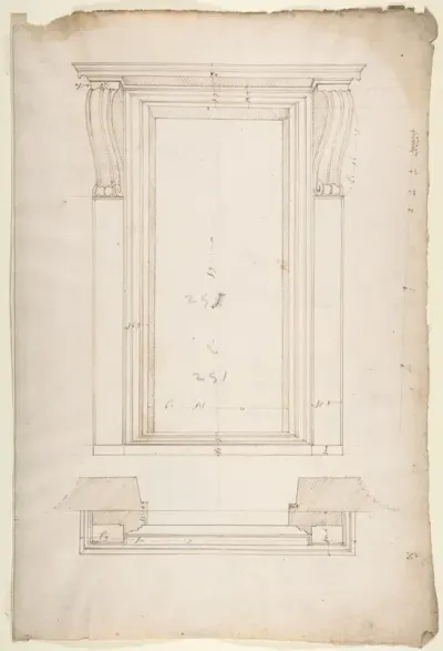 San Lorenzo, New Sacristy, portal, plan; elevation (recto) San Lorenzo, New Sacristy, portal, details (verso)