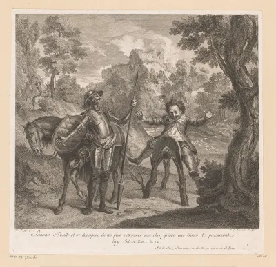 Sancho ontdekt bij het ontwaken dat zijn ezel gestolen is, Don Quichot kijkt verrast toe