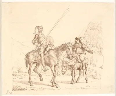 Sancho på æslet forklarer Don Quixote noget
