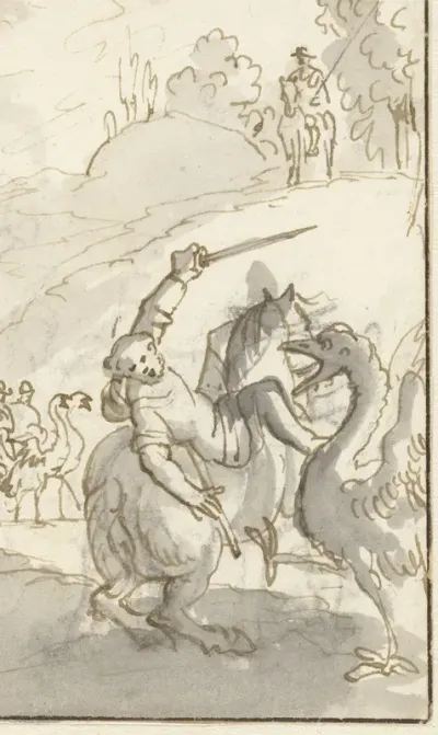 Sancho Panza vechtend met een struisvogel