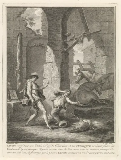 Sancho Panza wordt door Don Quichotte tot ridder geslagen