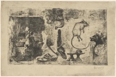 Sandalen, een dode muis, een chimère, boegbeeld van een schip en een boerderij