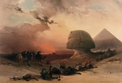 Sandstorm approaching the sphinx at Gîza at sunset, Egypt