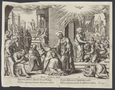 Sankt Peter, Sankt Johannes og Sankt Filip lægger hænderne på de døbte i Samaria