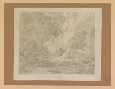 Sappho bij een meer in een berglandschap