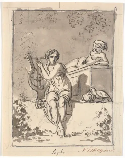 Sappho, siddende med sin lyre, i baggrunden hviler en hermafrodit