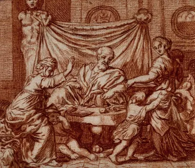 Sarah and Abraham, seated at table, are served by Hagar: Sarah demands that Abraham evict Hagar and Ishmael