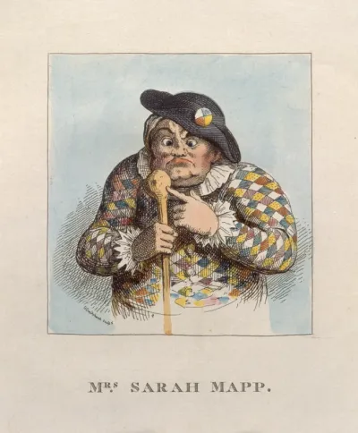 Sarah Mapp. Coloured etching by G. Cruikshank, 1819, after W. Hogarth