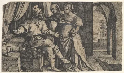 Sarah presenting Hagar to Abraham, who sits at the foot of a bed, from "The Story of Abraham"