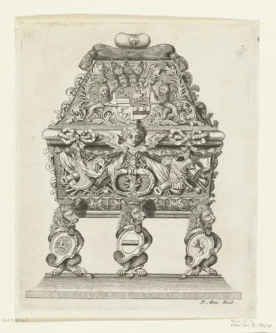 Sarcofaag van Hendrik Casimir II: hoofd gedecoreerd met wapentrofeëen