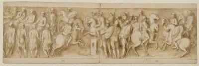 Sarmatere for det kejserlige råd; Marcus Aurelius og Pompejus på hesteryg, omgivet af vagter, betragter en rytterfægtning; budbringere fra den germanske adel