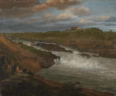 Sarpsfossen waterfall in Sarpsborg with Hafslunds manor in the background