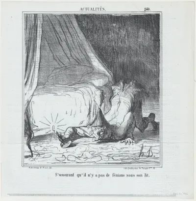 S'assurant qu'il n'y a pas de féniant sous son lit, from Actualités, published in Le Charivari, December 21, 1866