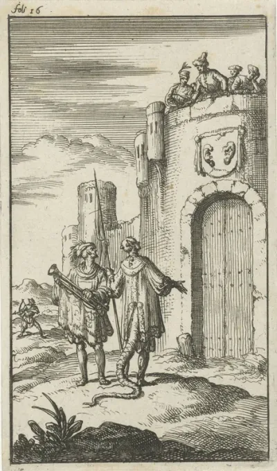 Satan staat met een trompetter voor een gesloten vestingpoort