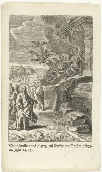 Satan troont voor de hellemond en spreekt met Christus