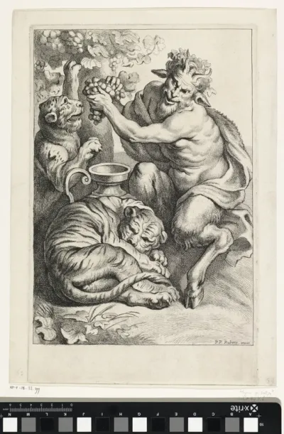 Sater met een druiventros, een tijger en luipaard