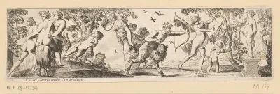 Sater schiet een pijl op een beeld van Bacchus terwijl Mercurius toekijkt