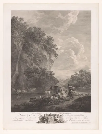 Saters en dryaden aan de oever van een rivier