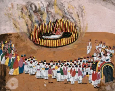 Sati (suttee): a widow immolating herself on her husband's funeral pyre, as a group of people look on