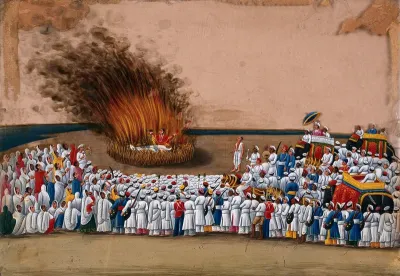 Sati (suttee): a widow immolating herself on her husband's funeral pyre as a large crowd watches