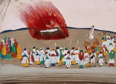 Sati (suttee): a woman immolating herself on her husband's funeral pyre