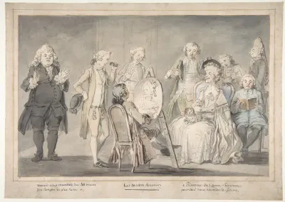 Satirical drawing: Artist Painting an Old Lady's Portrait