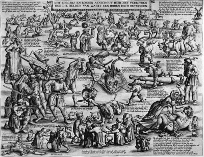 Satirisk blad med mennesker, der opfører sig upassende (Ghy borgers en boeren aenschout hier met verblyden hoe die helden van waert een doden roch bestryden)