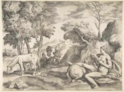 Saturn in the guise of a horse being suckled by the nymph Philyra