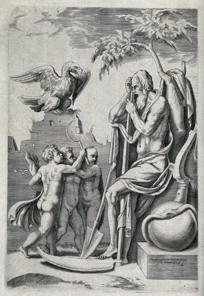 Saturn, seated right, is threatened by his three children Jupiter, Neptune and Pluto
