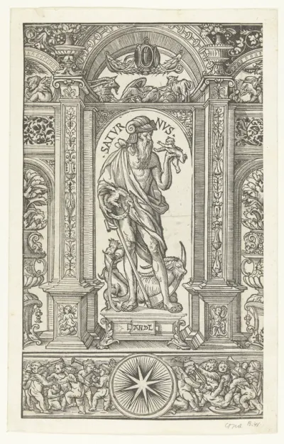 Saturnus met sterrenbeelden Waterman en Steenbok in architecturale omlijsting
