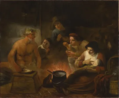 Satyr among peasants (Aesop, Fables, J. de La Fontaine, V, 7)