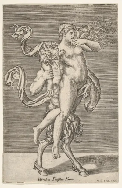 Satyr carrying a nymph, whose right arm is wrapped around the satyr's neck, with a planar background